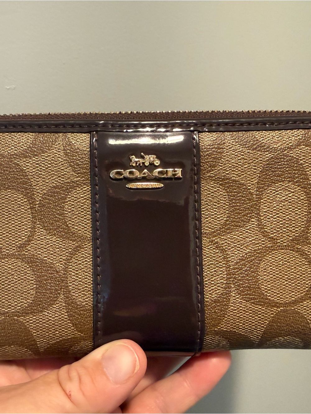 Coach Brown Signature Canvas Wallet with Dark Brown Patent Trim